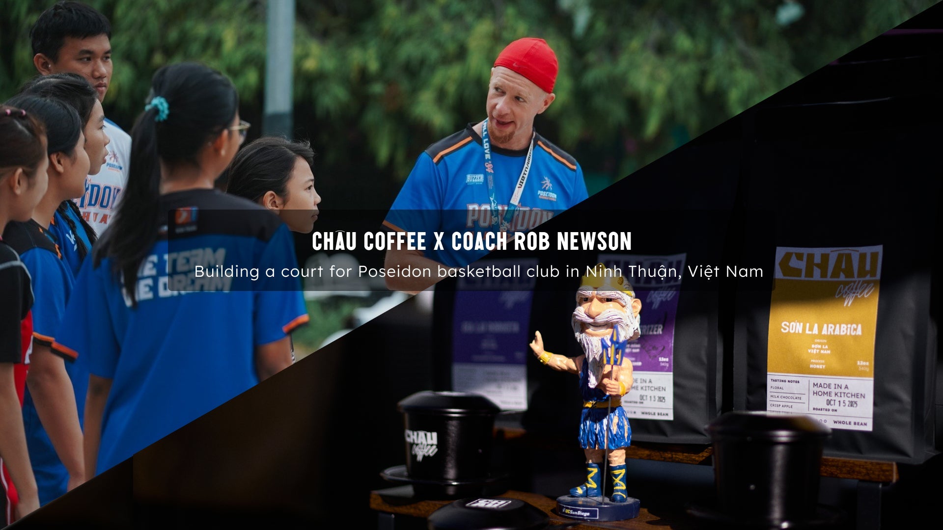 marketing photo of coach rob newson and chau coffee coffee bags